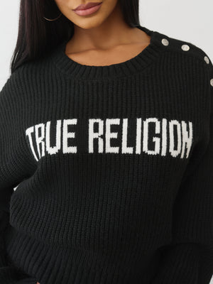 True Religion Sweater Logo Off Shoulder Jet Black