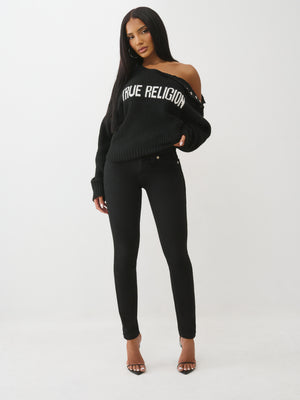 True Religion Sweater Logo Off Shoulder Jet Black