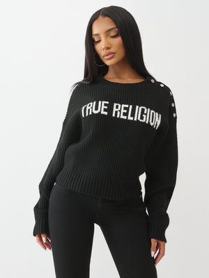 True Religion Sweater Logo Off Shoulder Jet Black