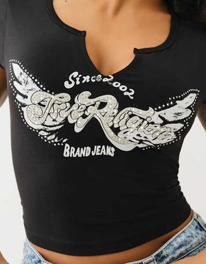 True Religion Crystal Wing V Notch Tee Jet Black