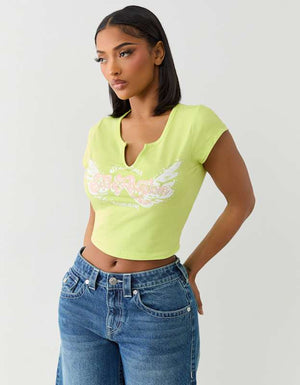 True Religion Crystal Wing V Notch Tee Daiquiri Green