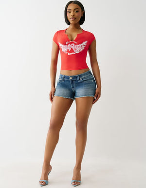 True Religion Crystal Wing V Notch Tee Flame Scarlet