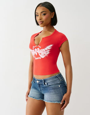 True Religion Crystal Wing V Notch Tee Flame Scarlet