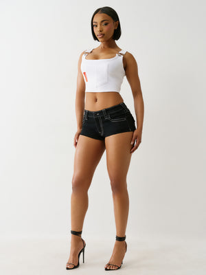 True Religion Spicy Mid Rise Short Flap 2Sb Black Rinse-True Religion