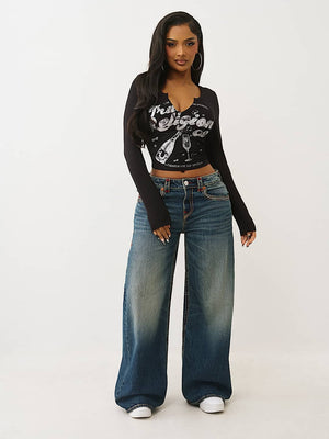 True Religion T-Shirt Glitter Ribbed Notch Ls Jet Black