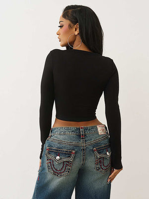 True Religion T-Shirt Glitter Ribbed Notch Ls Jet Black