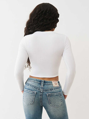 True Religion T-Shirt Glitter Ribbed Notch Ls Optic White