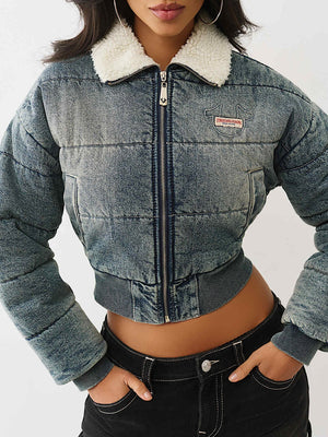 TRUE RELIGION JACKET DENIM PUFFER MEDIUM WASH
