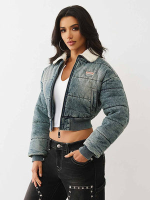 TRUE RELIGION JACKET DENIM PUFFER MEDIUM WASH