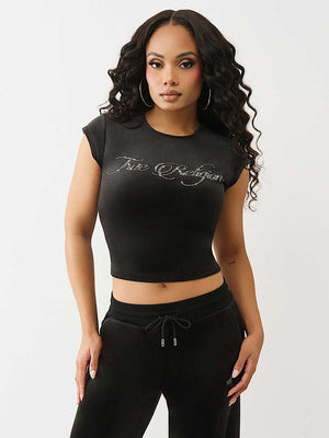 True Religion T-Shirt Crystal Tr Velour Ss Baby Black