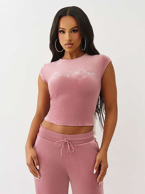 True Religion T-Shirt Crystal Tr Velour Ss Baby Nostalgia Rose