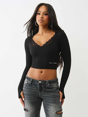 True Religion Top Seamless Lace Scoop Neck Ls Jet Black