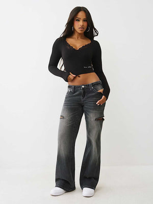 True Religion Top Seamless Lace Scoop Neck Ls Jet Black