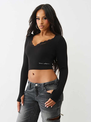 True Religion Top Seamless Lace Scoop Neck Ls Jet Black