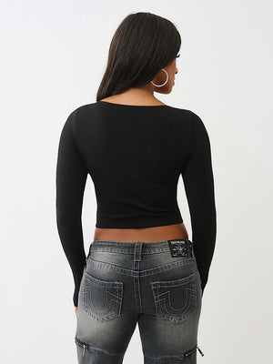 True Religion Top Seamless Lace Scoop Neck Ls Jet Black