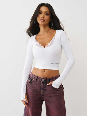 True Religion Top Seamless Lace Scoop Neck Ls Jet Black