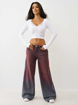 True Religion Top Seamless Lace Scoop Neck Ls Jet Black