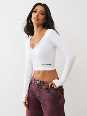 True Religion Top Seamless Lace Scoop Neck Ls Jet Black