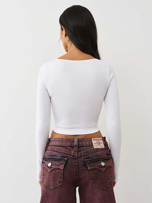 True Religion Top Seamless Lace Scoop Neck Ls Jet Black