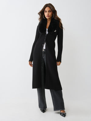 True Religion Faux Fur Duster Cardigan Jet Black