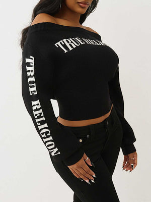 True Religion Sweater Off Shoulder Shrunken Black