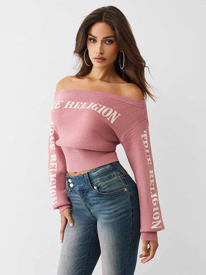 True Religion Sweater Off Shoulder Shrunken Nostalgia Rose