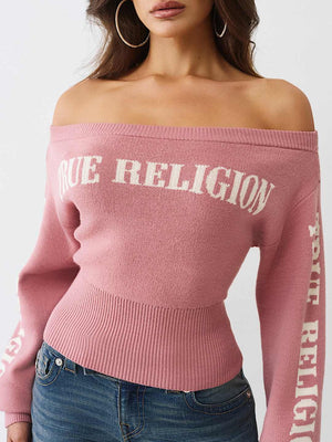 True Religion Sweater Off Shoulder Shrunken Nostalgia Rose