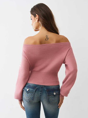 True Religion Sweater Off Shoulder Shrunken Nostalgia Rose