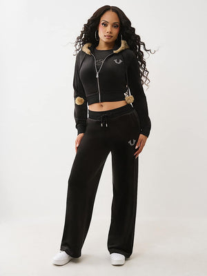 True Religion Hoodie Crystal Velour Shrunken Jet Black