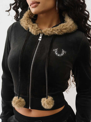 True Religion Hoodie Crystal Velour Shrunken Jet Black