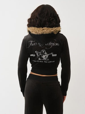 True Religion Hoodie Crystal Velour Shrunken Jet Black