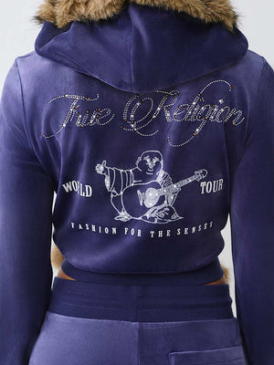 True Religion Hoodie Crystal Velour Shrunken Astral Aura
