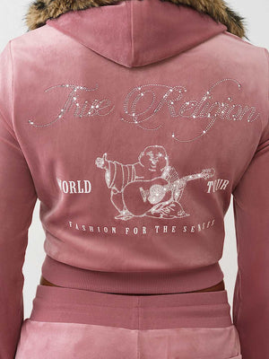 True Religion Hoodie Crystal Velour Shrunken Nostalgia Rose