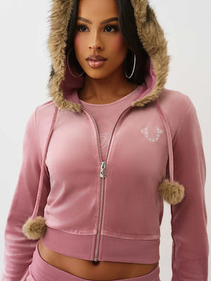True Religion Hoodie Crystal Velour Shrunken Nostalgia Rose