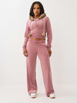 True Religion Hoodie Crystal Velour Shrunken Nostalgia Rose