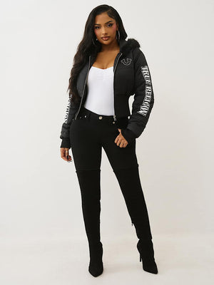 TRUE RELIGION JACKET FAUX FUR SHRUNKEN HOODED PUFFER JET BLACK