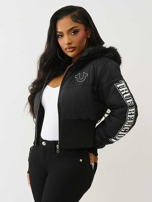 TRUE RELIGION JACKET FAUX FUR SHRUNKEN HOODED PUFFER JET BLACK