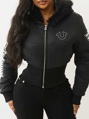 TRUE RELIGION JACKET FAUX FUR SHRUNKEN HOODED PUFFER JET BLACK