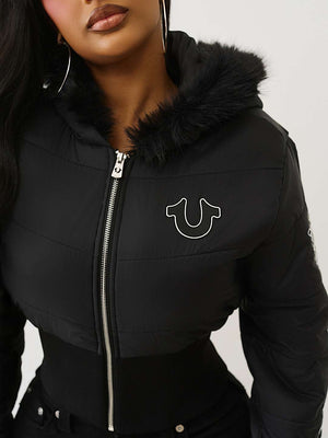 TRUE RELIGION JACKET FAUX FUR SHRUNKEN HOODED PUFFER JET BLACK