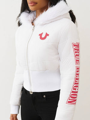 TRUE RELIGION JACKET FAUX FUR SHRUNKEN HOODED PUFFER OPTIC WHITE