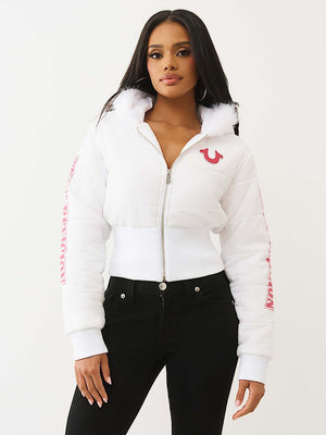 TRUE RELIGION JACKET FAUX FUR SHRUNKEN HOODED PUFFER OPTIC WHITE