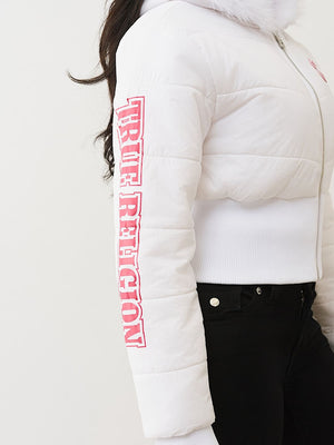 TRUE RELIGION JACKET FAUX FUR SHRUNKEN HOODED PUFFER OPTIC WHITE