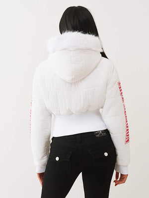 TRUE RELIGION JACKET FAUX FUR SHRUNKEN HOODED PUFFER OPTIC WHITE