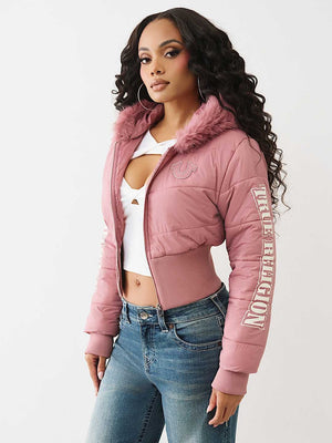 TRUE RELIGION JACKET FAUX FUR SHRUNKEN HOODED PUFFER NOSTALGIA ROSE