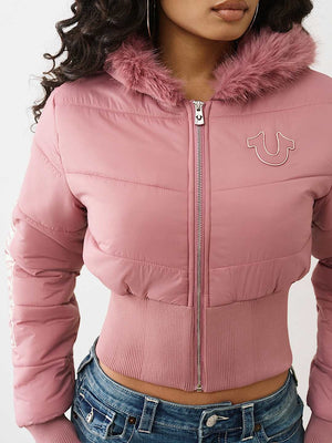 TRUE RELIGION JACKET FAUX FUR SHRUNKEN HOODED PUFFER NOSTALGIA ROSE