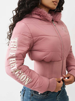 TRUE RELIGION JACKET FAUX FUR SHRUNKEN HOODED PUFFER NOSTALGIA ROSE