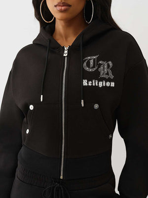 True Religion Hoodie Crystal Relaxed Zip Jet Black