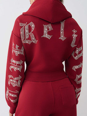 True Religion Hoodie Crystal Relaxed Zip Rhubarb Red