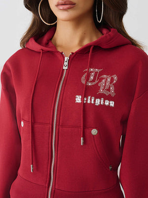 True Religion Hoodie Crystal Relaxed Zip Rhubarb Red