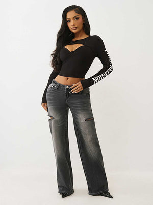 True Religion Top Printed Rib Twist Keyhole Jet Black